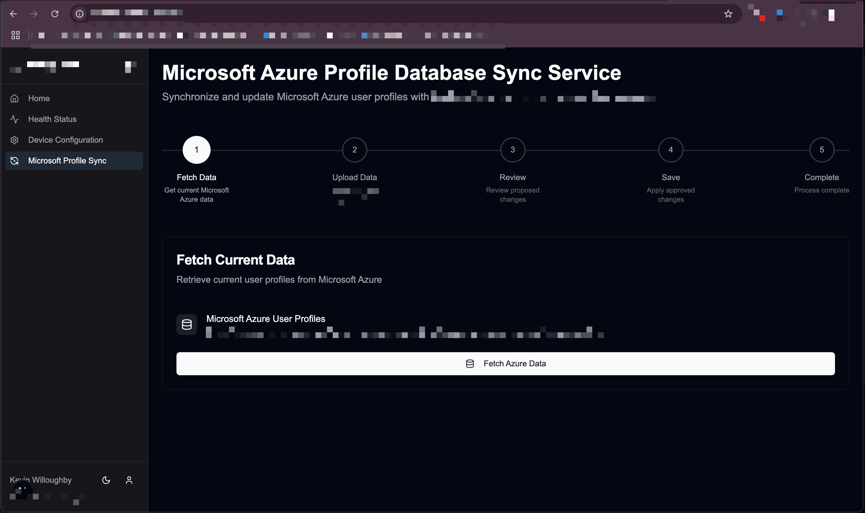 Screenshot of the Sentry Tech TechOps Automation Suite showing the Microsoft Azure Profile Database Sync interface