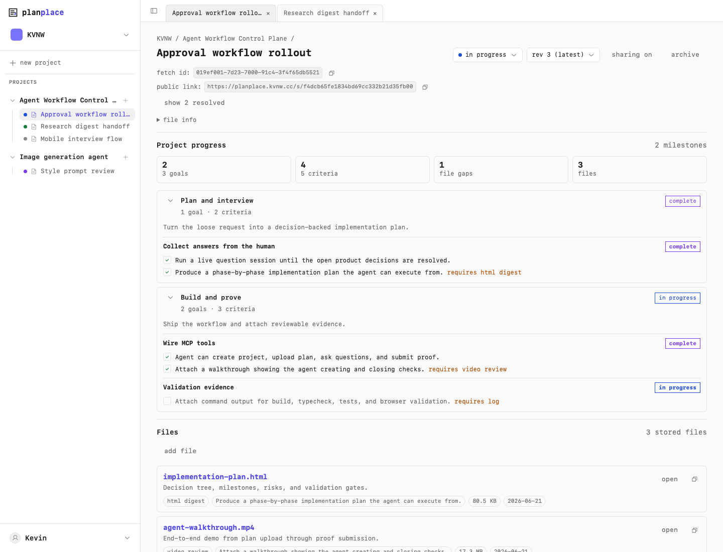 PlanPlace signed-in plan view with milestones, criteria, files, and review controls