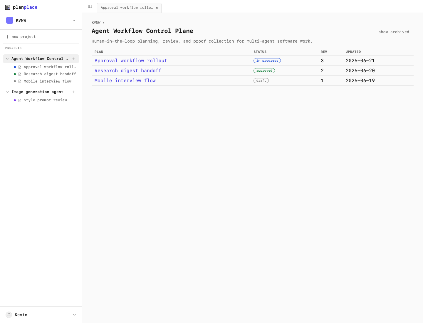 PlanPlace project view with multiple agent-created plans and statuses